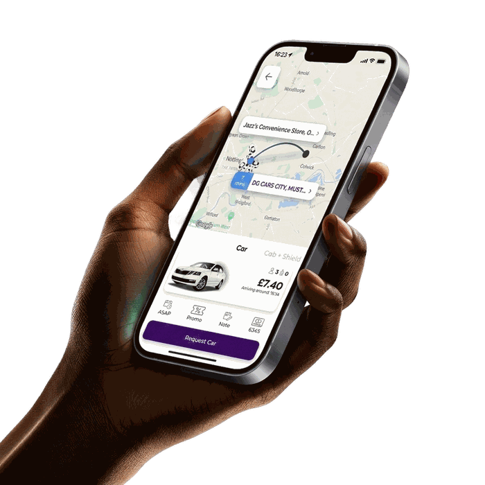The DG Cars app showing a live booking in Nottingham